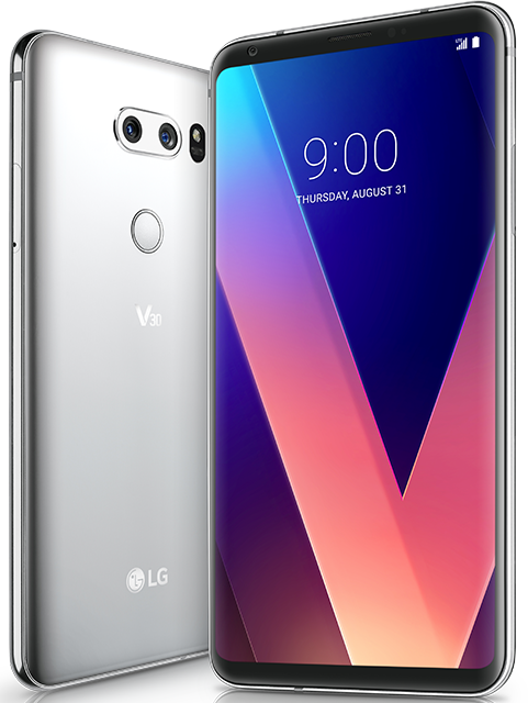 Front and back of the LG v30 plus silver device